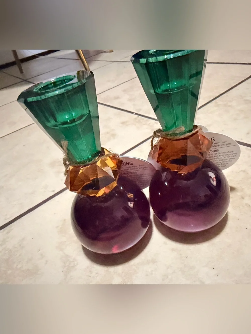Set of Two Multicolor Glass Bud Vases - Green, Amber & Purple